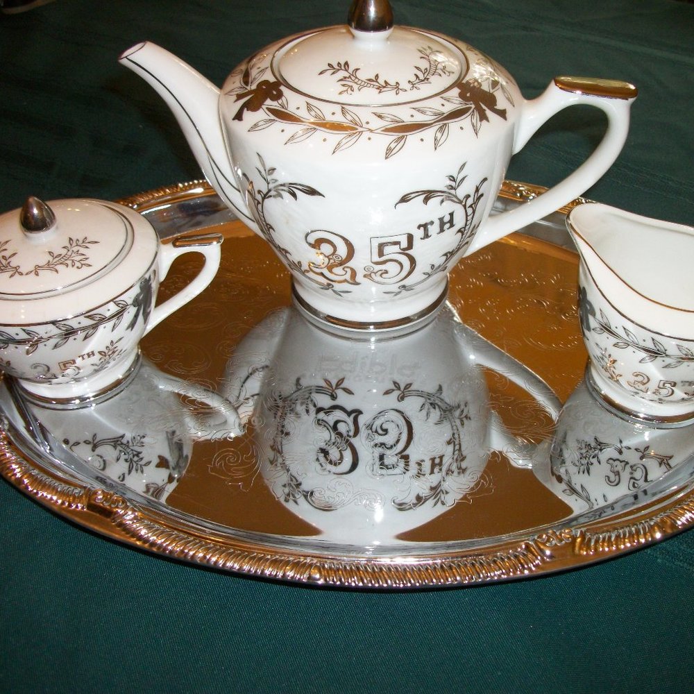 NEW Lefton Silver Wedding  3pc Tea Pot+sugar+Tray